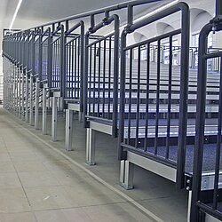 Mobile grandstand with compact railing